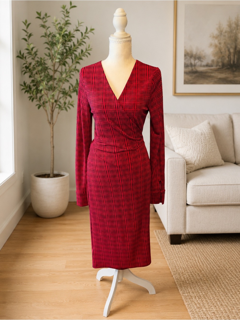Ann Taylor Red Plaid Long-Sleeve Wrap Dress